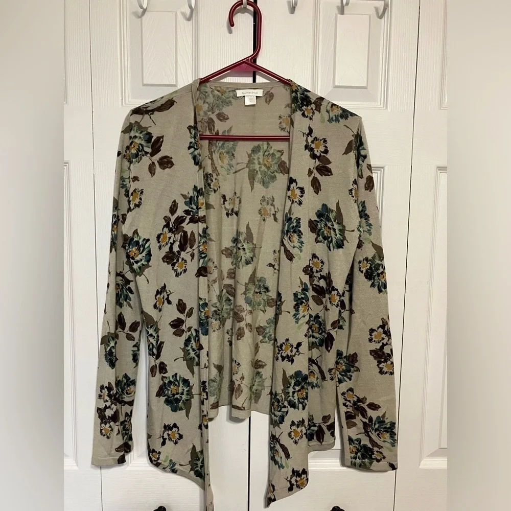 Garnet Hill‎ 100% Merino Wool Cardigan Sweater Size S Taupe Floral Open Front